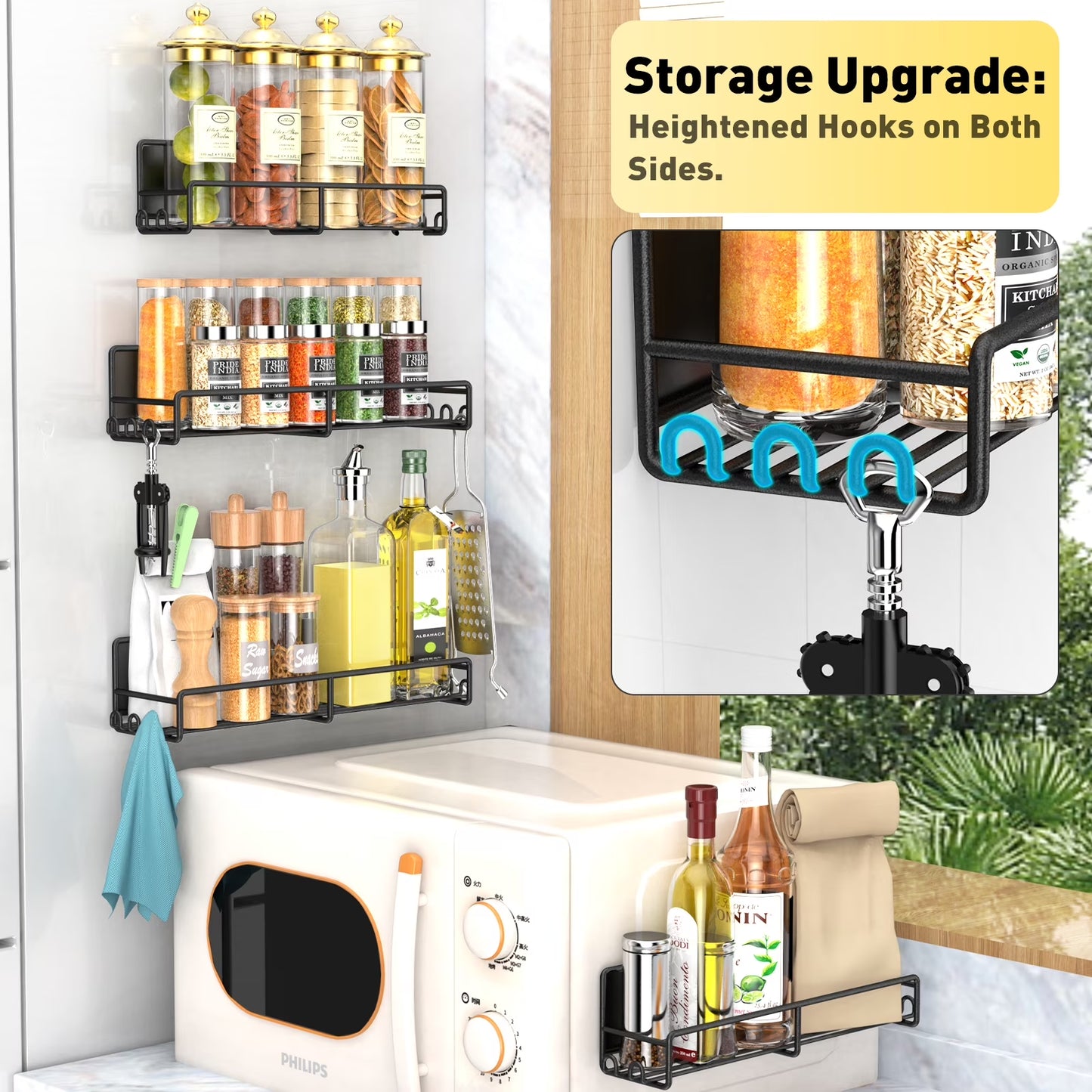 4 Pack Magnetic Spice Rack for Refrigerator and Oven, Magnetic Fridge Organizers and Storage Metal Black, Strong Magnets Shelf Seasoning Organizer Gadgets