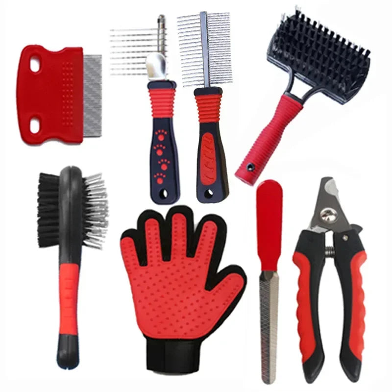 Pet Cleaning Set Dogs Cats Bristle Brush Cleaning Slicker Brush Nail Clipper File Hair Removal Mitts Flea Combs