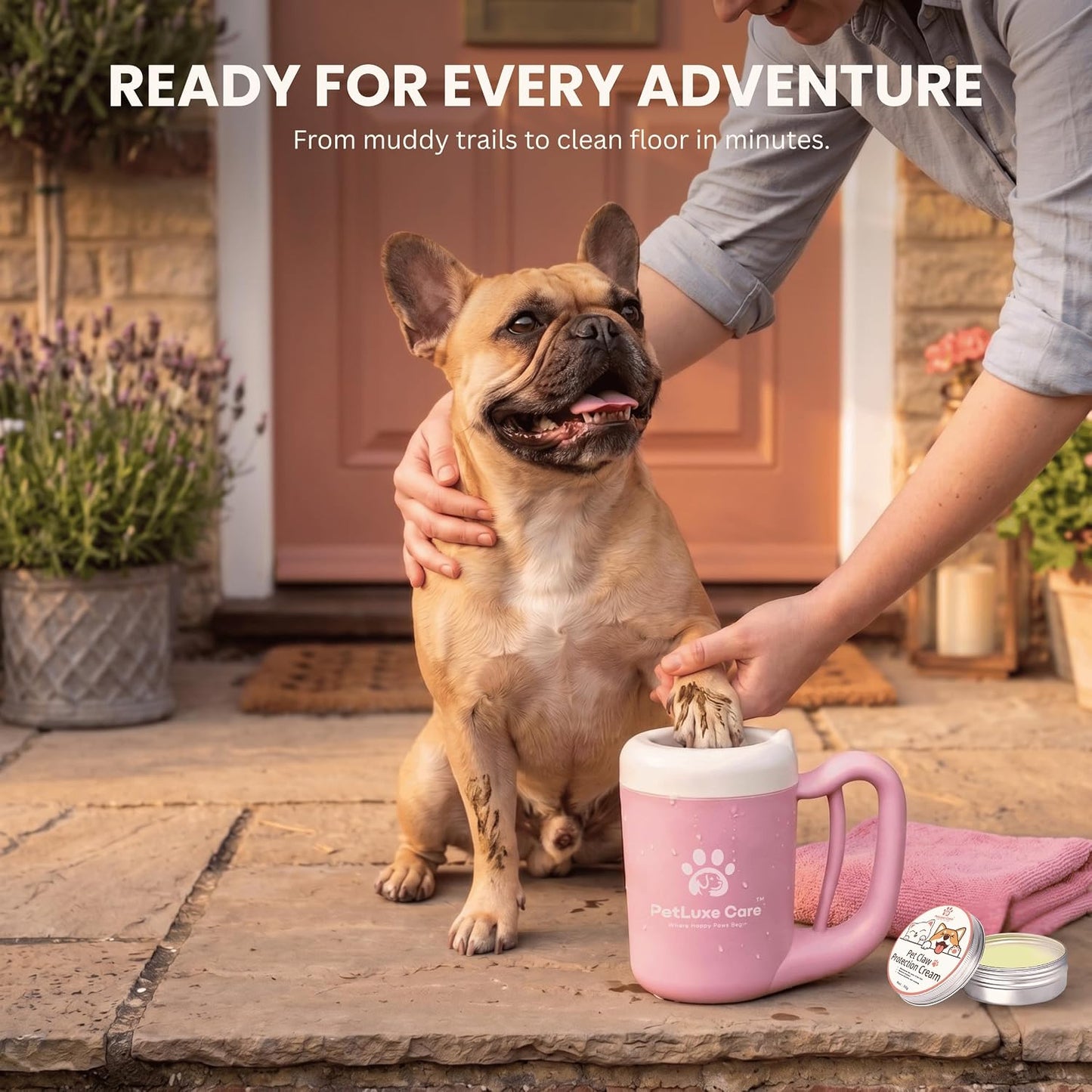Dog Paw Cleaner, Paw Washer Cup with Soft Silicone Bristles, Portable Dog Foot Washer, 4-In-1 Paw Cleaner Kit with Paw Balm, Microfiber Towel & Grooming Brush (Pink Small)