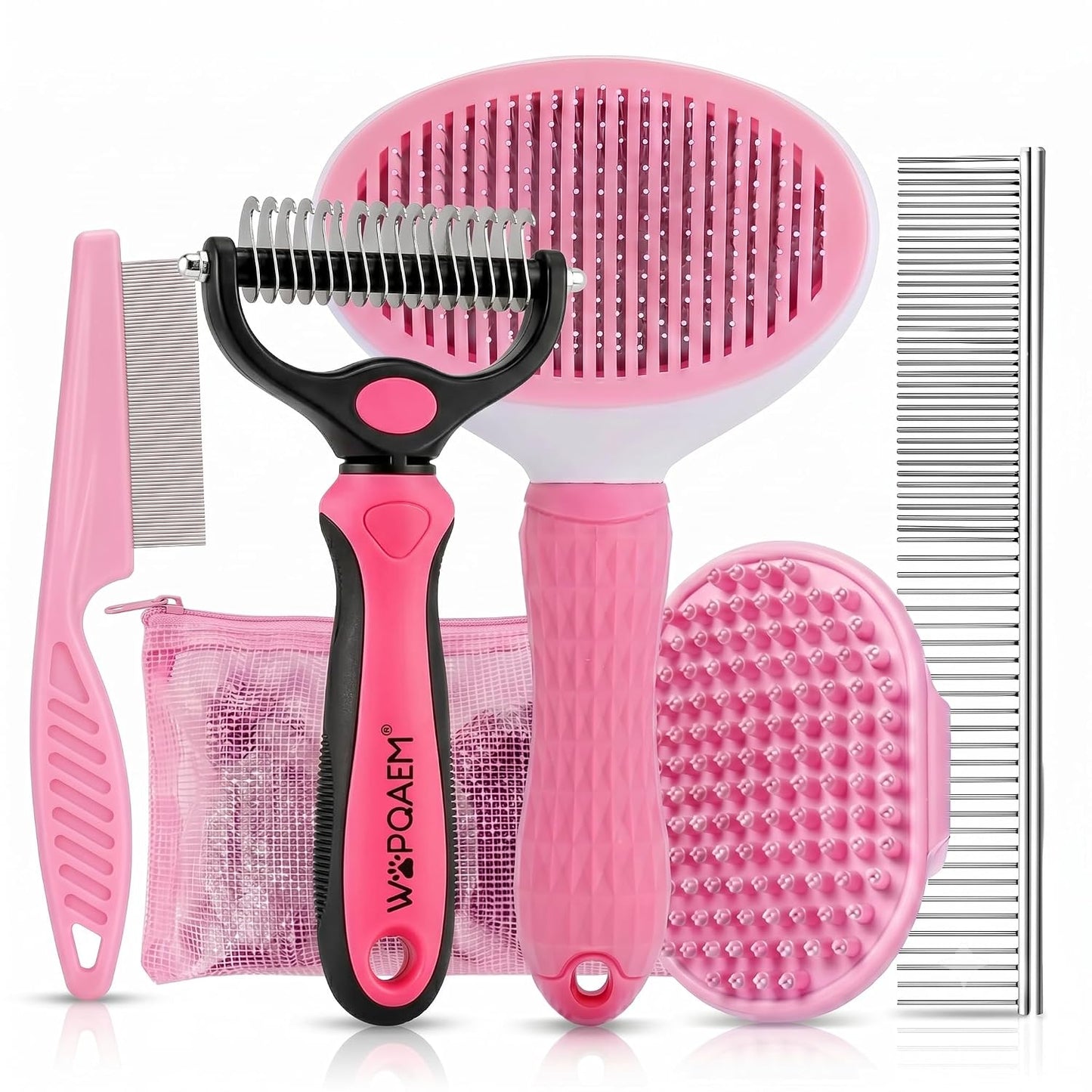5-In-1 Dog Grooming Kit with Self Cleaning Brush & Rake, Pink | Professional Long & Short Haired Dog Hair Remover Set with One-Click Self-Cleaning Shedding Brush & Undercoat Rake for Cats