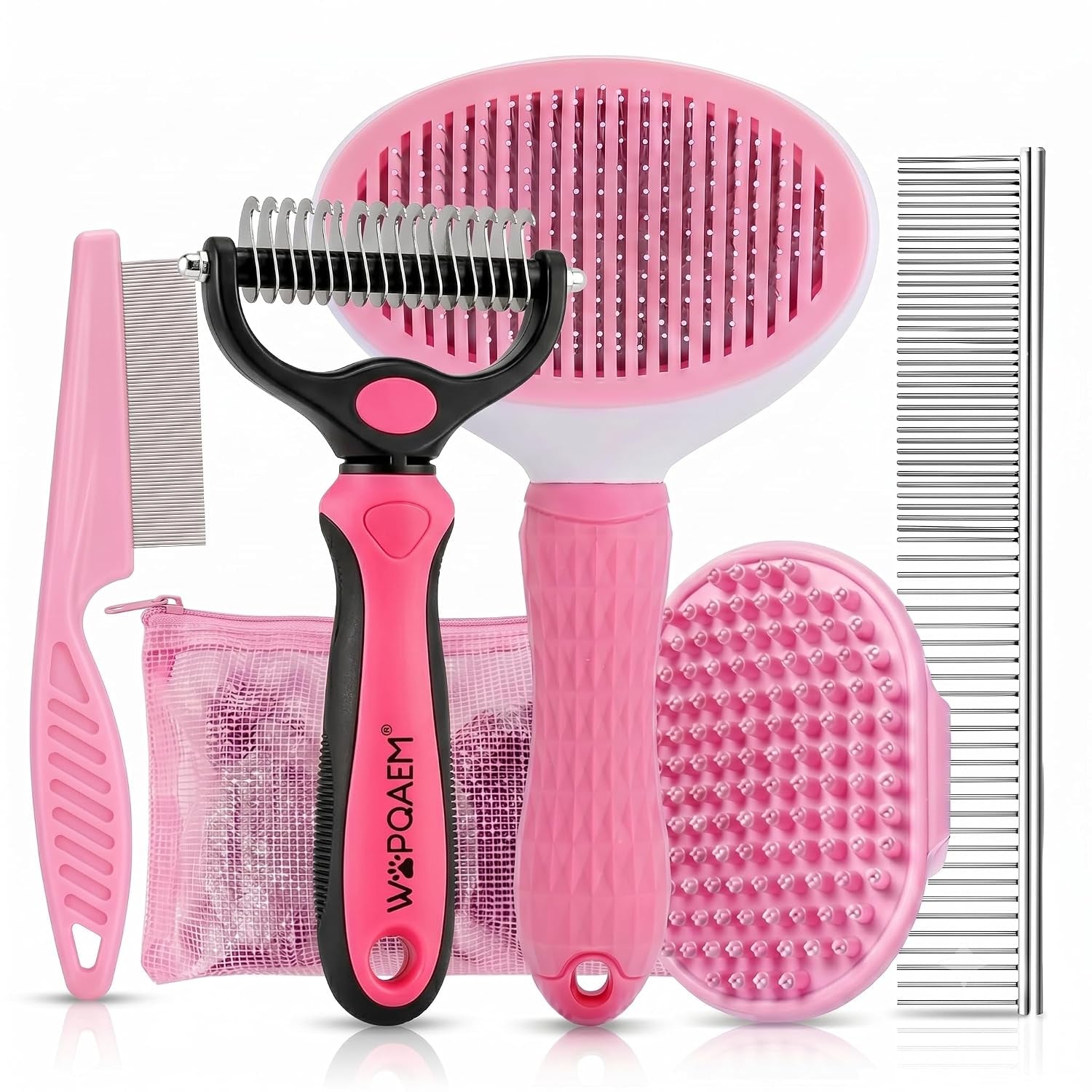 5-In-1 Dog Grooming Kit with Self Cleaning Brush & Rake, Pink | Professional Long & Short Haired Dog Hair Remover Set with One-Click Self-Cleaning Shedding Brush & Undercoat Rake for Cats