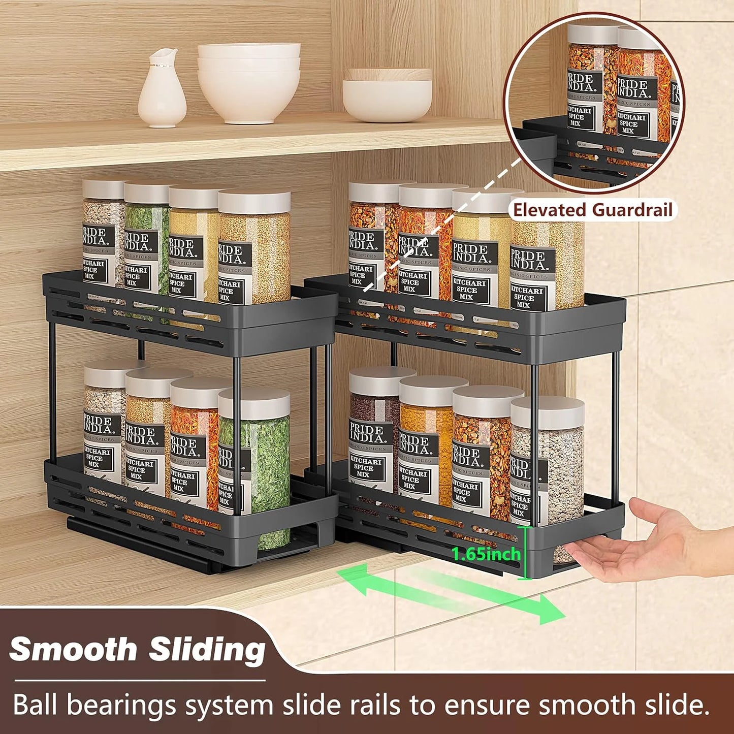 2 Pack Pull Out Spice Rack Organizer for Cabinet,  Multi-Purpose Kitchen Storage Cabinet Organizer, Fits 12"H X 11"D X 5"W, Black