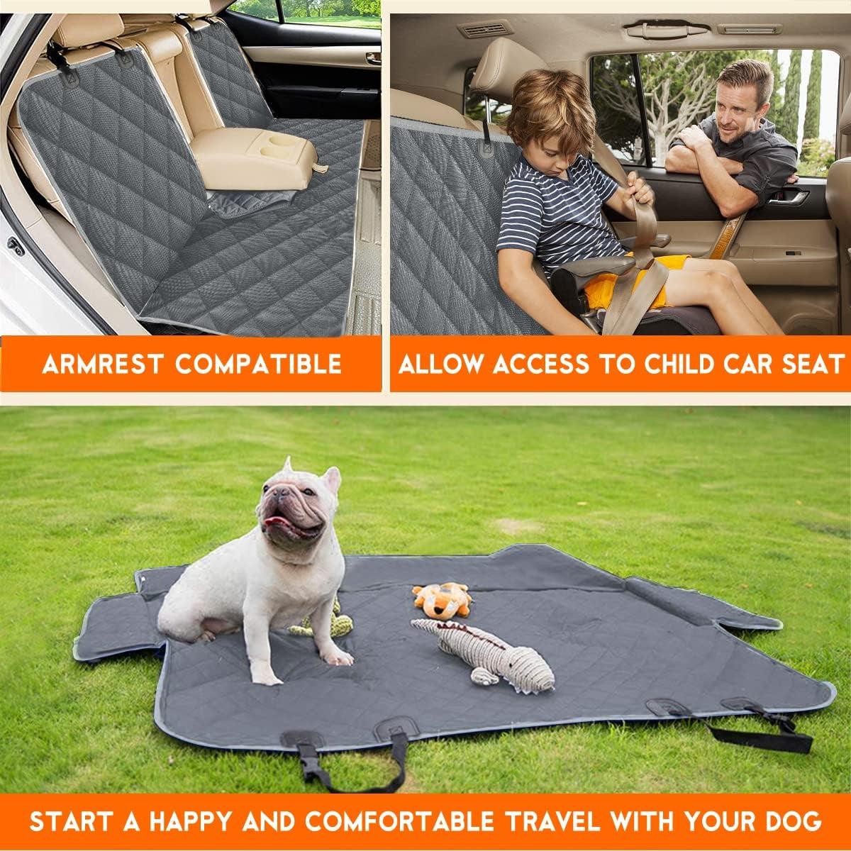 Dog Car Cover for Back Seat Pet Car Seat Cover Protector | Waterproof Rear Seat Cover Nonslip Bench Car Seat Cover Fits Middle Armrest for Most Cars Trucks Suvs (53” Width) - Gray