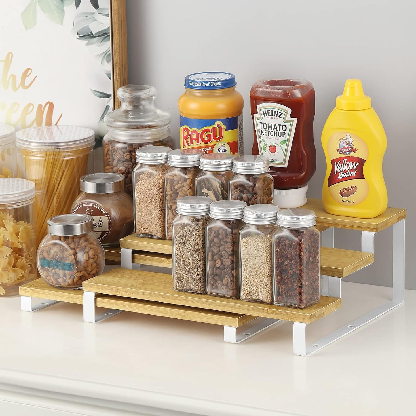 Expandable Spice Rack Organizer Bamboo Cabinet Shelf Organizers Set of 2 Space Saver Step Shelf Countertop Seasoning Organizer for Cupboard Pantry