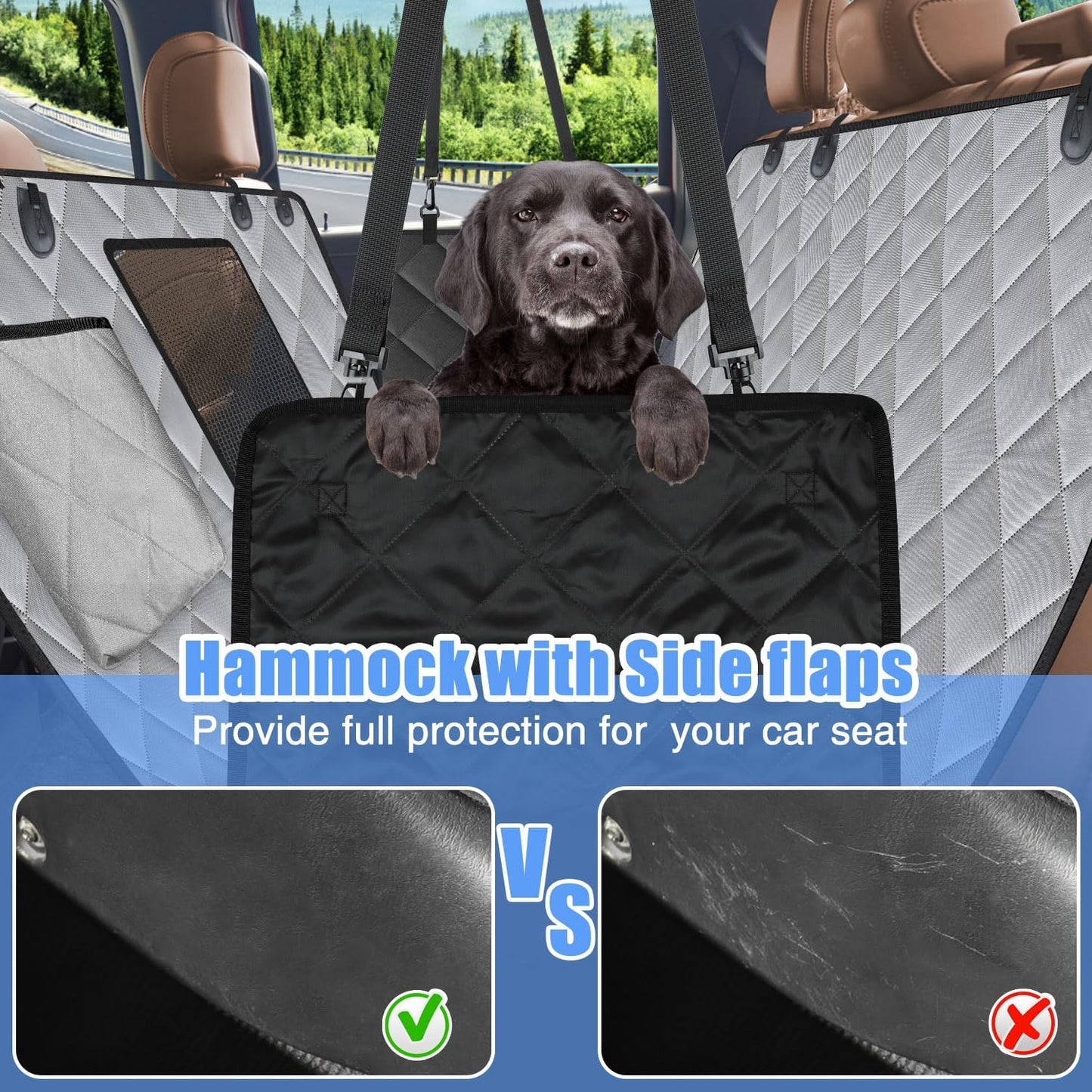 Dog Car Seat Cover Back Seat XL, Waterproof Hammock for Car & SUV | Side Flaps with Zippers, Mesh Window, 600D Oxford, Anti-Scratch Nonslip Backseat Protector, Dog Seat Belt Included