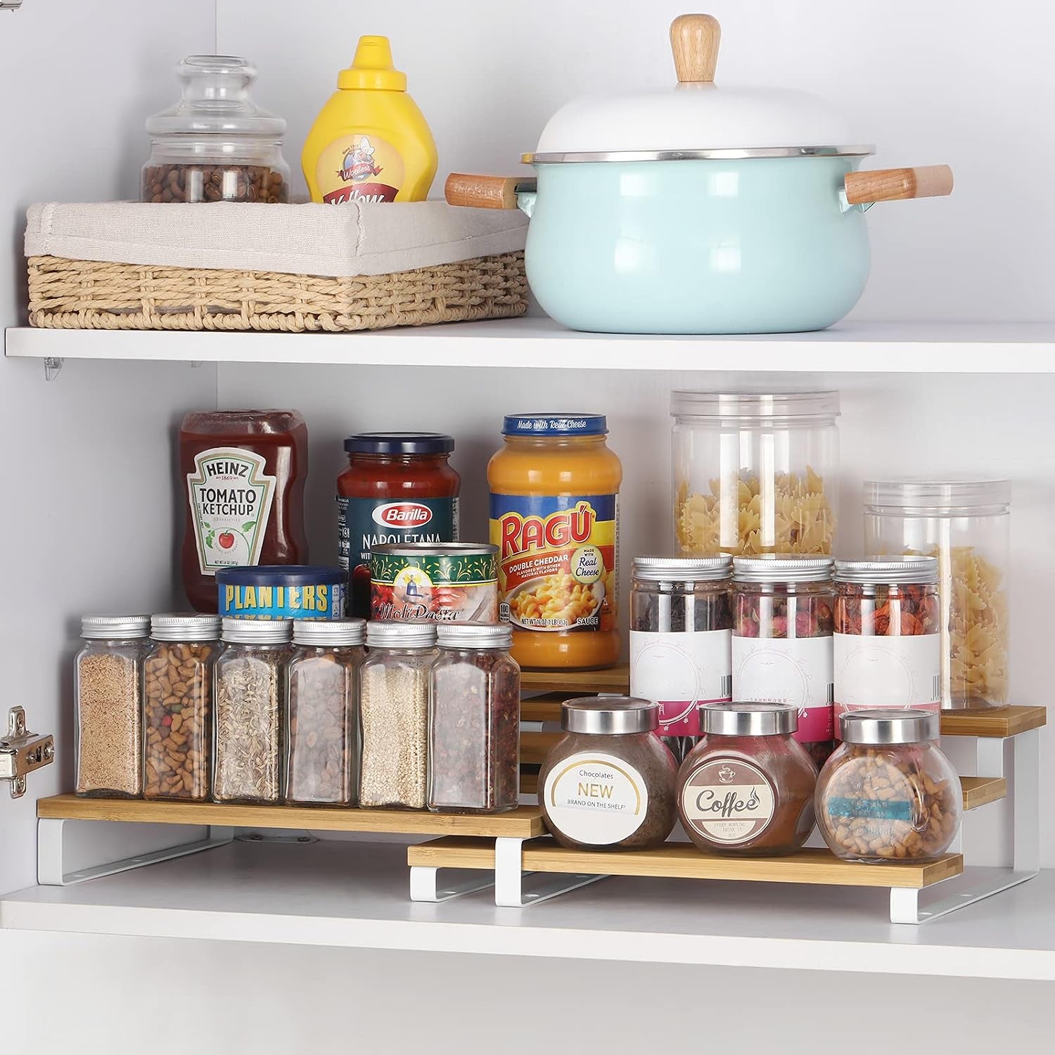 Expandable Spice Rack Organizer Bamboo Cabinet Shelf Organizers Set of 2 Space Saver Step Shelf Countertop Seasoning Organizer for Cupboard Pantry