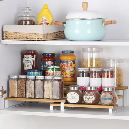 Expandable Spice Rack Organizer Bamboo Cabinet Shelf Organizers Set of 2 Space Saver Step Shelf Countertop Seasoning Organizer for Cupboard Pantry