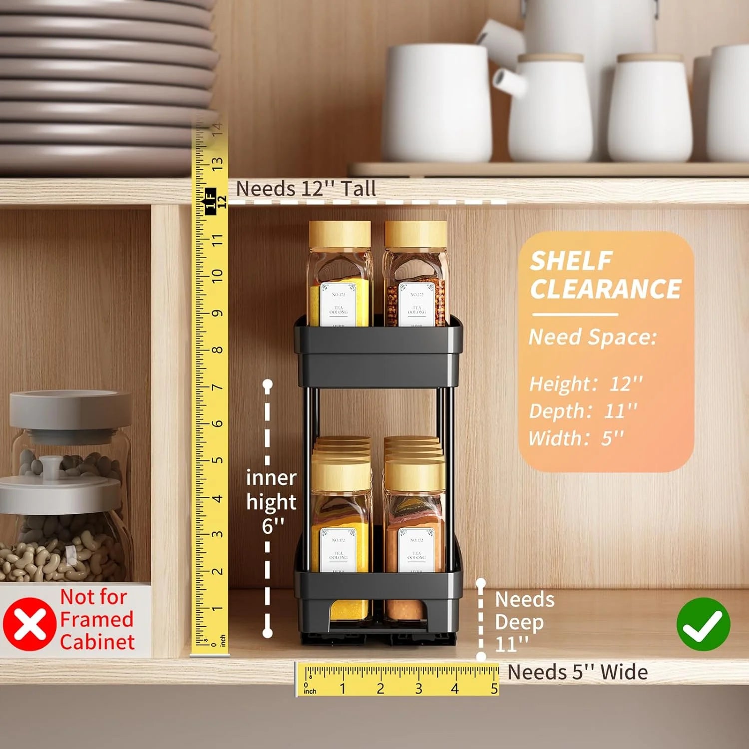 2 Pack Pull Out Spice Rack Organizer for Cabinet,  Multi-Purpose Kitchen Storage Cabinet Organizer, Fits 12"H X 11"D X 5"W, Black