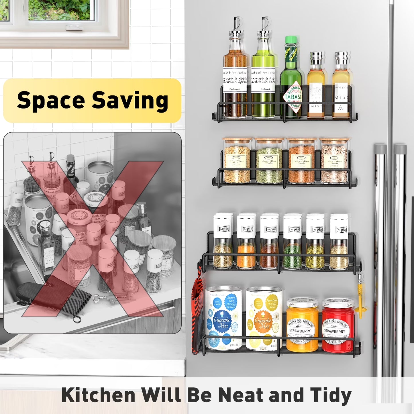 4 Pack Magnetic Spice Rack for Refrigerator and Oven, Magnetic Fridge Organizers and Storage Metal Black, Strong Magnets Shelf Seasoning Organizer Gadgets