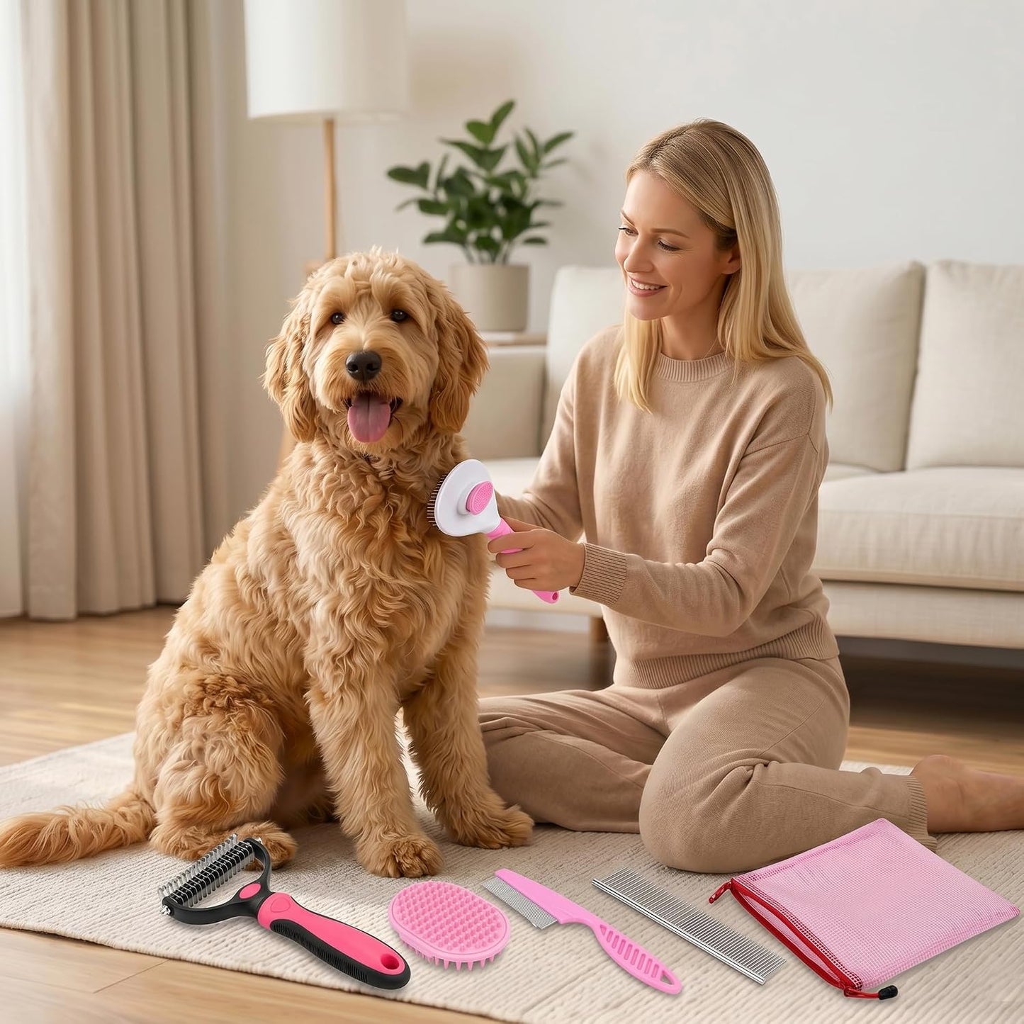 5-In-1 Dog Grooming Kit with Self Cleaning Brush & Rake, Pink | Professional Long & Short Haired Dog Hair Remover Set with One-Click Self-Cleaning Shedding Brush & Undercoat Rake for Cats