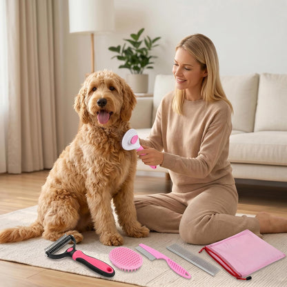 5-In-1 Dog Grooming Kit with Self Cleaning Brush & Rake, Pink | Professional Long & Short Haired Dog Hair Remover Set with One-Click Self-Cleaning Shedding Brush & Undercoat Rake for Cats
