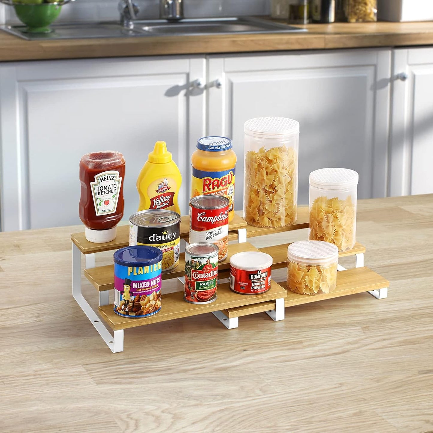 Expandable Spice Rack Organizer Bamboo Cabinet Shelf Organizers Set of 2 Space Saver Step Shelf Countertop Seasoning Organizer for Cupboard Pantry
