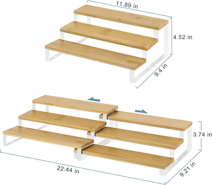 Expandable Spice Rack Organizer Bamboo Cabinet Shelf Organizers Set of 2 Space Saver Step Shelf Countertop Seasoning Organizer for Cupboard Pantry