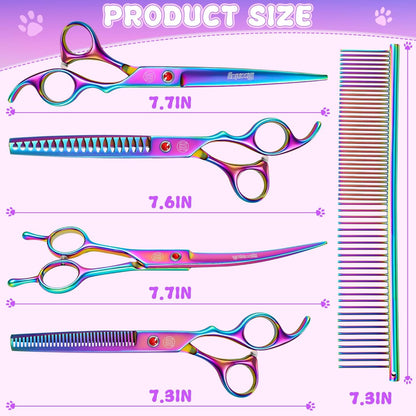 Professional Dog Grooming Scissors Set, 7 Inch/8 Inch Pet Grooming Scissors Chunkers Shears for Dog, Curved Dog Grooming Scissors, Thinning Shears for Dog with Grooming Comb | Pet Grooming Chunkers Shears for Dog, Curved Dog Grooming Scissors, Thinning Shears for Dog with Grooming Comb, Multi-Color