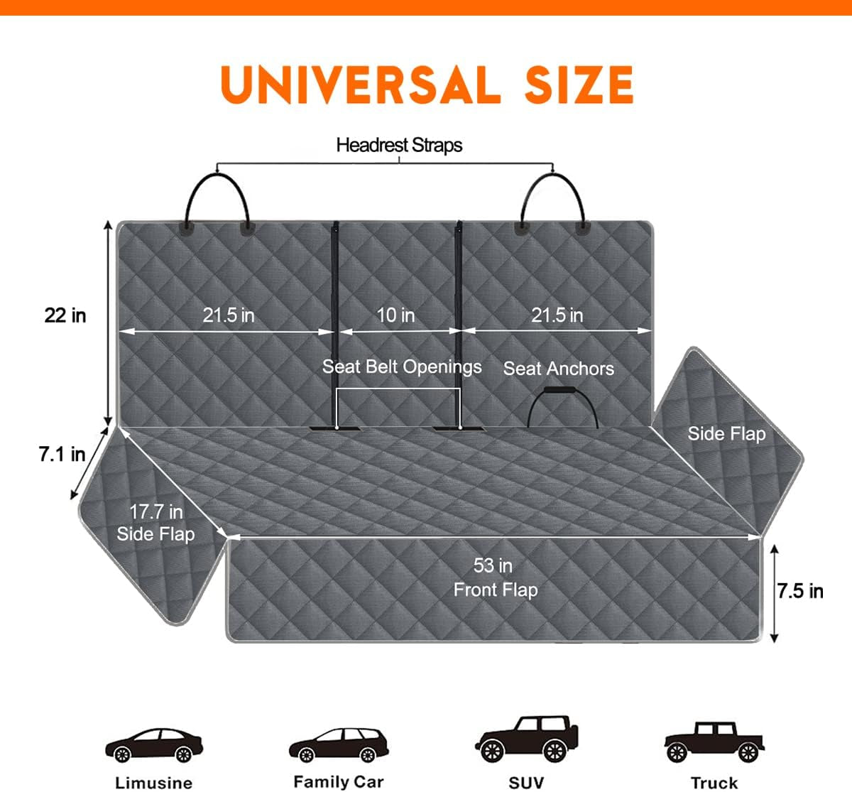 Dog Car Cover for Back Seat Pet Car Seat Cover Protector | Waterproof Rear Seat Cover Nonslip Bench Car Seat Cover Fits Middle Armrest for Most Cars Trucks Suvs (53” Width) - Gray