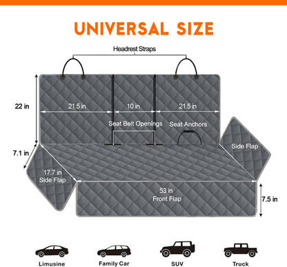 Dog Car Cover for Back Seat Pet Car Seat Cover Protector | Waterproof Rear Seat Cover Nonslip Bench Car Seat Cover Fits Middle Armrest for Most Cars Trucks Suvs (53” Width) - Gray