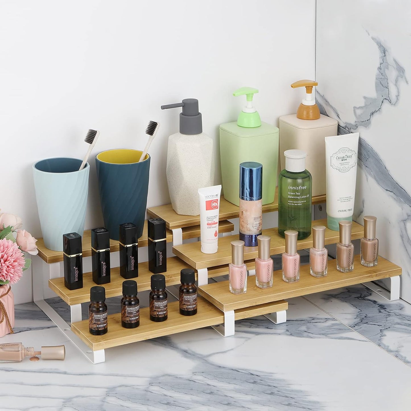 Expandable Spice Rack Organizer Bamboo Cabinet Shelf Organizers Set of 2 Space Saver Step Shelf Countertop Seasoning Organizer for Cupboard Pantry