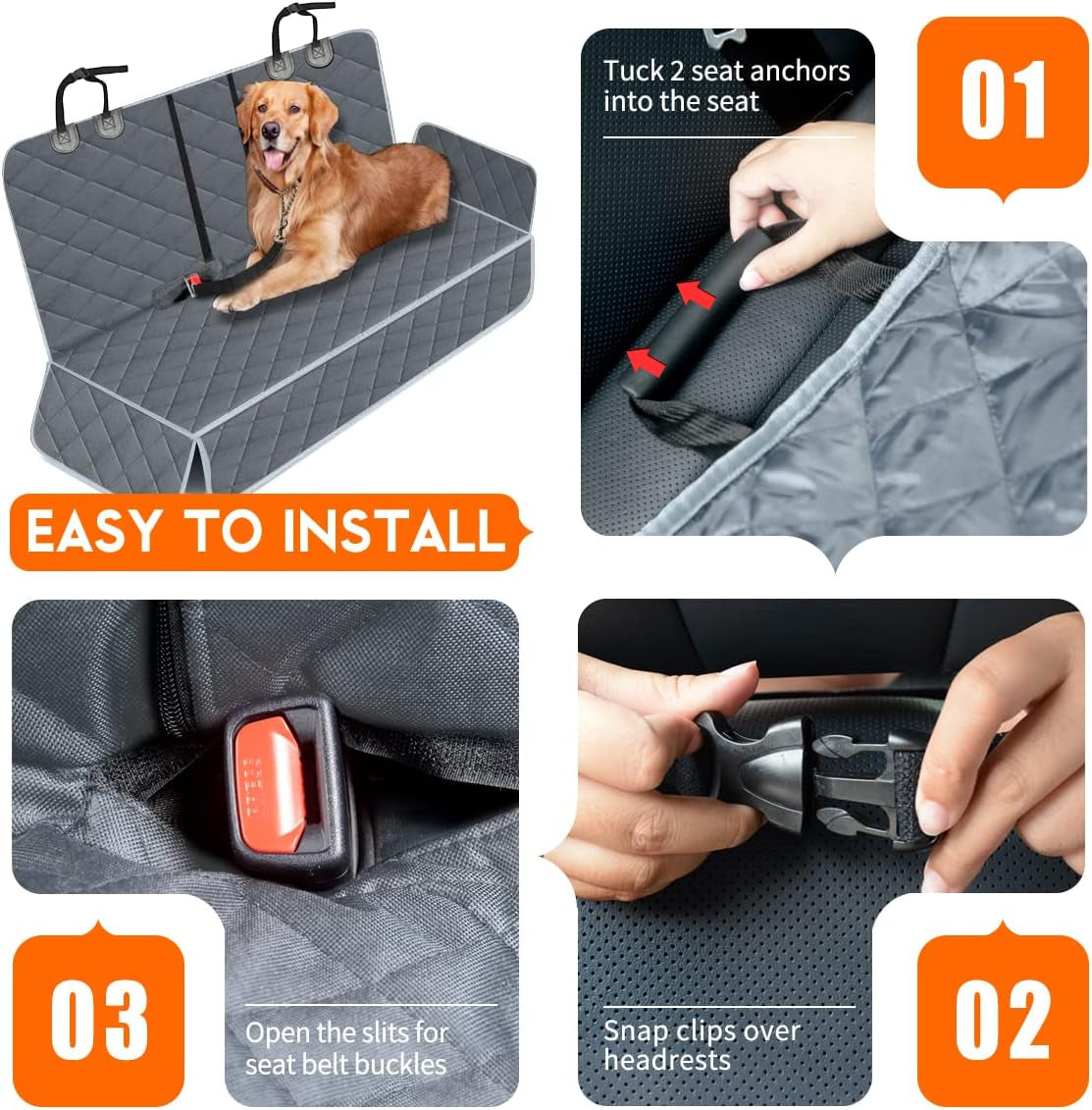 Dog Car Cover for Back Seat Pet Car Seat Cover Protector | Waterproof Rear Seat Cover Nonslip Bench Car Seat Cover Fits Middle Armrest for Most Cars Trucks Suvs (53” Width) - Gray