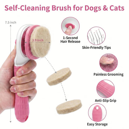 5-In-1 Dog Grooming Kit with Self Cleaning Brush & Rake, Pink | Professional Long & Short Haired Dog Hair Remover Set with One-Click Self-Cleaning Shedding Brush & Undercoat Rake for Cats