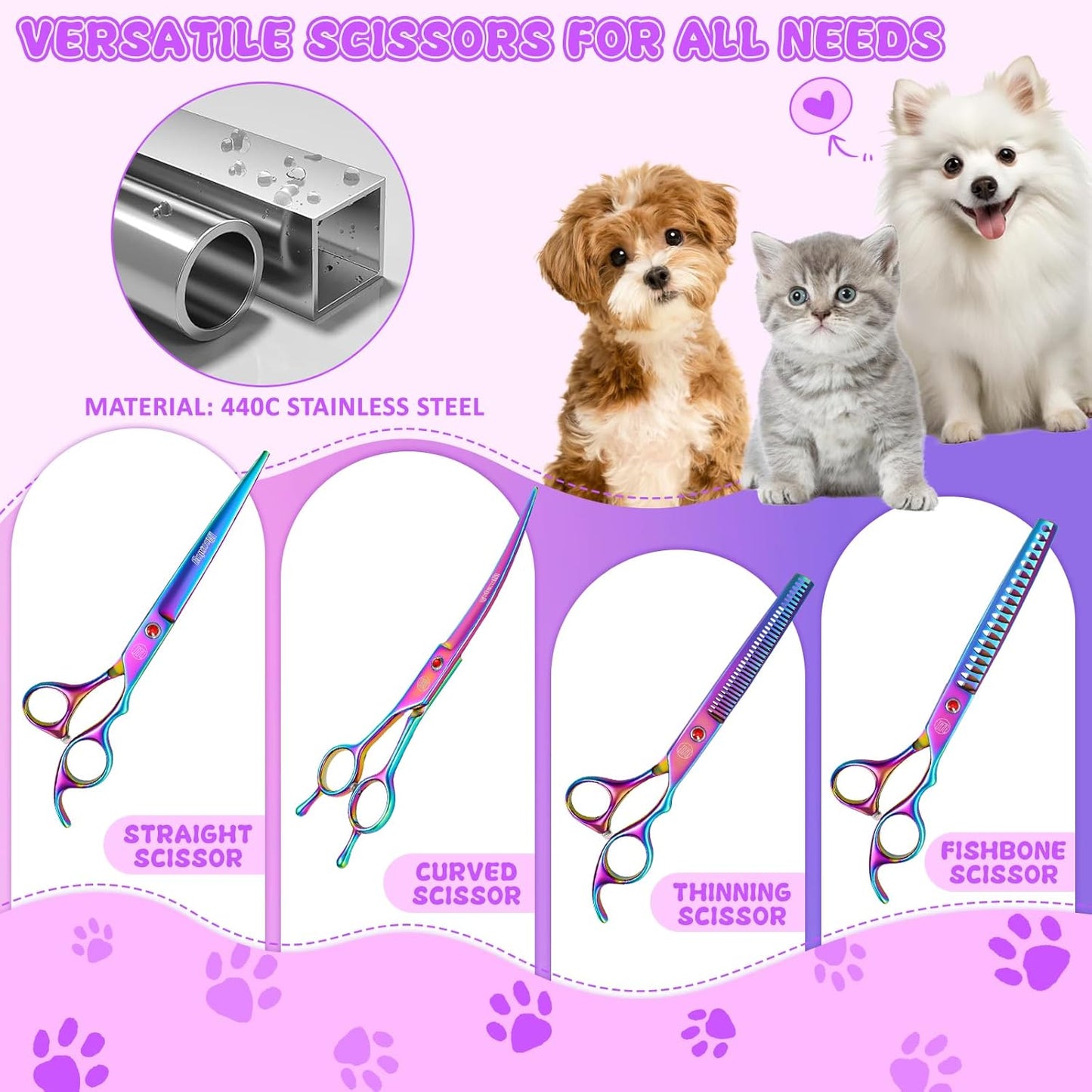 Professional Dog Grooming Scissors Set, 7 Inch/8 Inch Pet Grooming Scissors Chunkers Shears for Dog, Curved Dog Grooming Scissors, Thinning Shears for Dog with Grooming Comb | Pet Grooming Chunkers Shears for Dog, Curved Dog Grooming Scissors, Thinning Shears for Dog with Grooming Comb, Multi-Color
