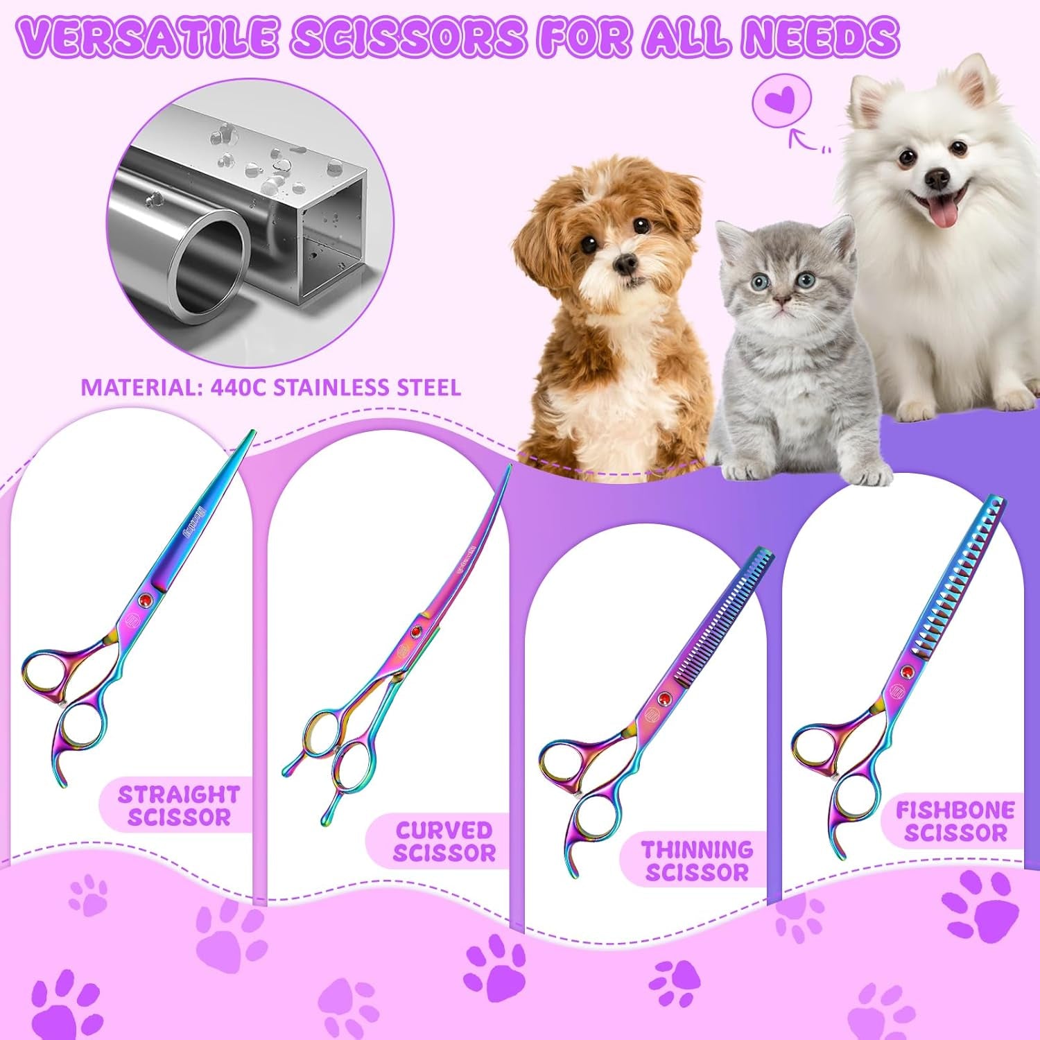 Professional Dog Grooming Scissors Set, 7 Inch/8 Inch Pet Grooming Scissors Chunkers Shears for Dog, Curved Dog Grooming Scissors, Thinning Shears for Dog with Grooming Comb | Pet Grooming Chunkers Shears for Dog, Curved Dog Grooming Scissors, Thinning Shears for Dog with Grooming Comb, Multi-Color