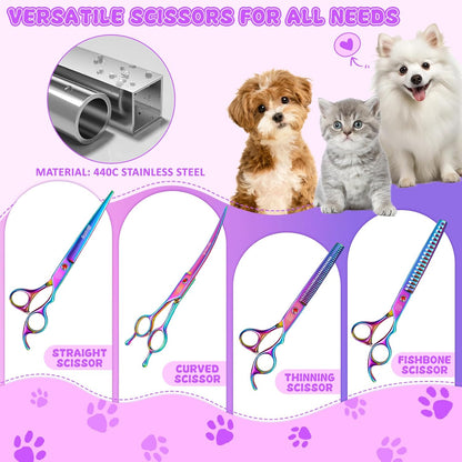 Professional Dog Grooming Scissors Set, 7 Inch/8 Inch Pet Grooming Scissors Chunkers Shears for Dog, Curved Dog Grooming Scissors, Thinning Shears for Dog with Grooming Comb | Pet Grooming Chunkers Shears for Dog, Curved Dog Grooming Scissors, Thinning Shears for Dog with Grooming Comb, Multi-Color