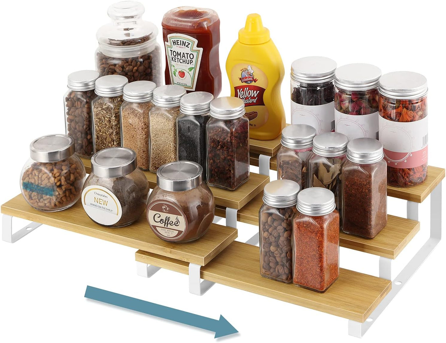 Expandable Spice Rack Organizer Bamboo Cabinet Shelf Organizers Set of 2 Space Saver Step Shelf Countertop Seasoning Organizer for Cupboard Pantry