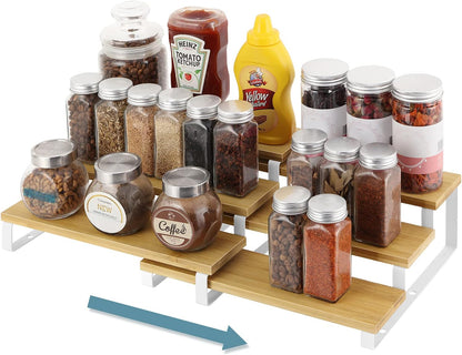 Expandable Spice Rack Organizer Bamboo Cabinet Shelf Organizers Set of 2 Space Saver Step Shelf Countertop Seasoning Organizer for Cupboard Pantry