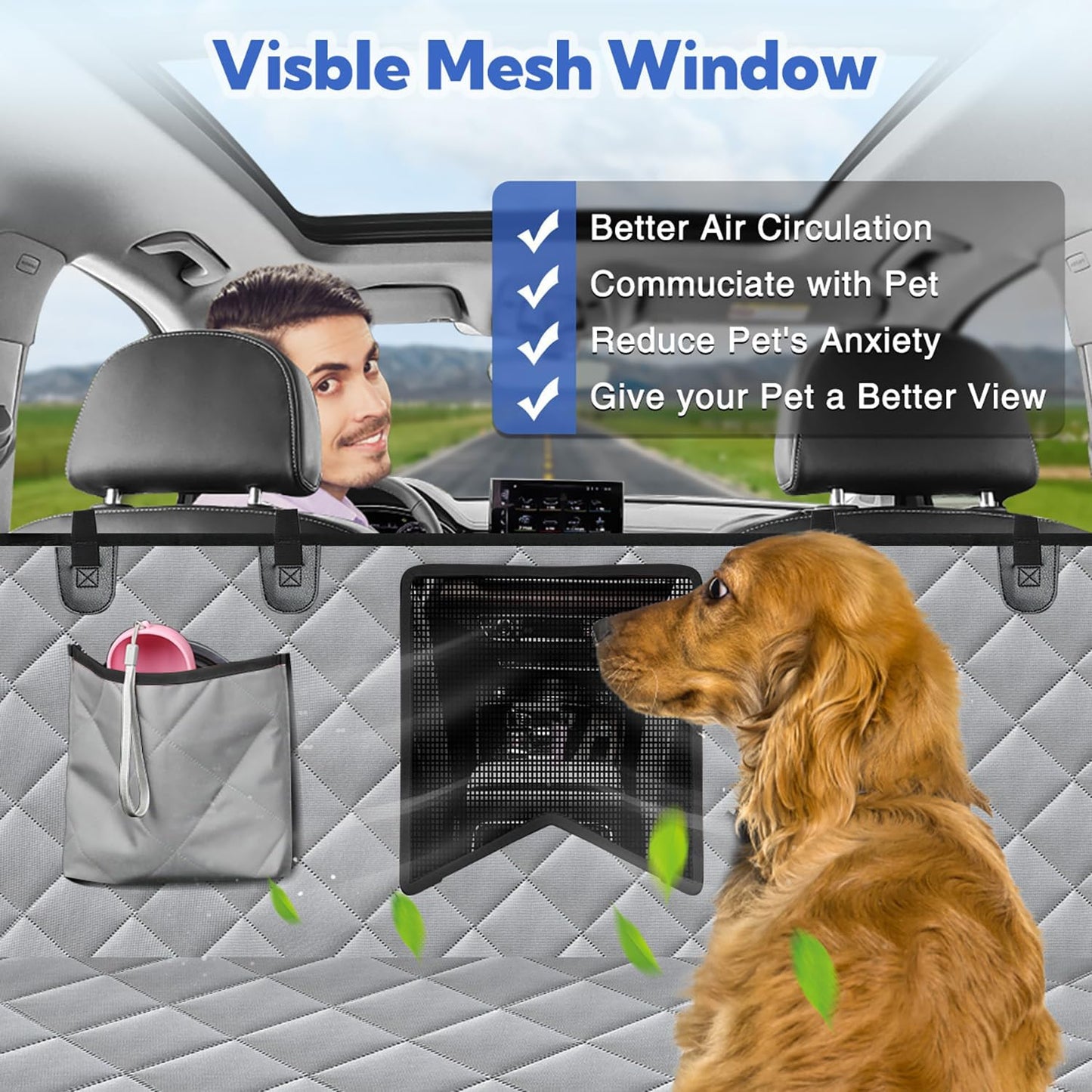 Dog Car Seat Cover Back Seat XL, Waterproof Hammock for Car & SUV | Side Flaps with Zippers, Mesh Window, 600D Oxford, Anti-Scratch Nonslip Backseat Protector, Dog Seat Belt Included