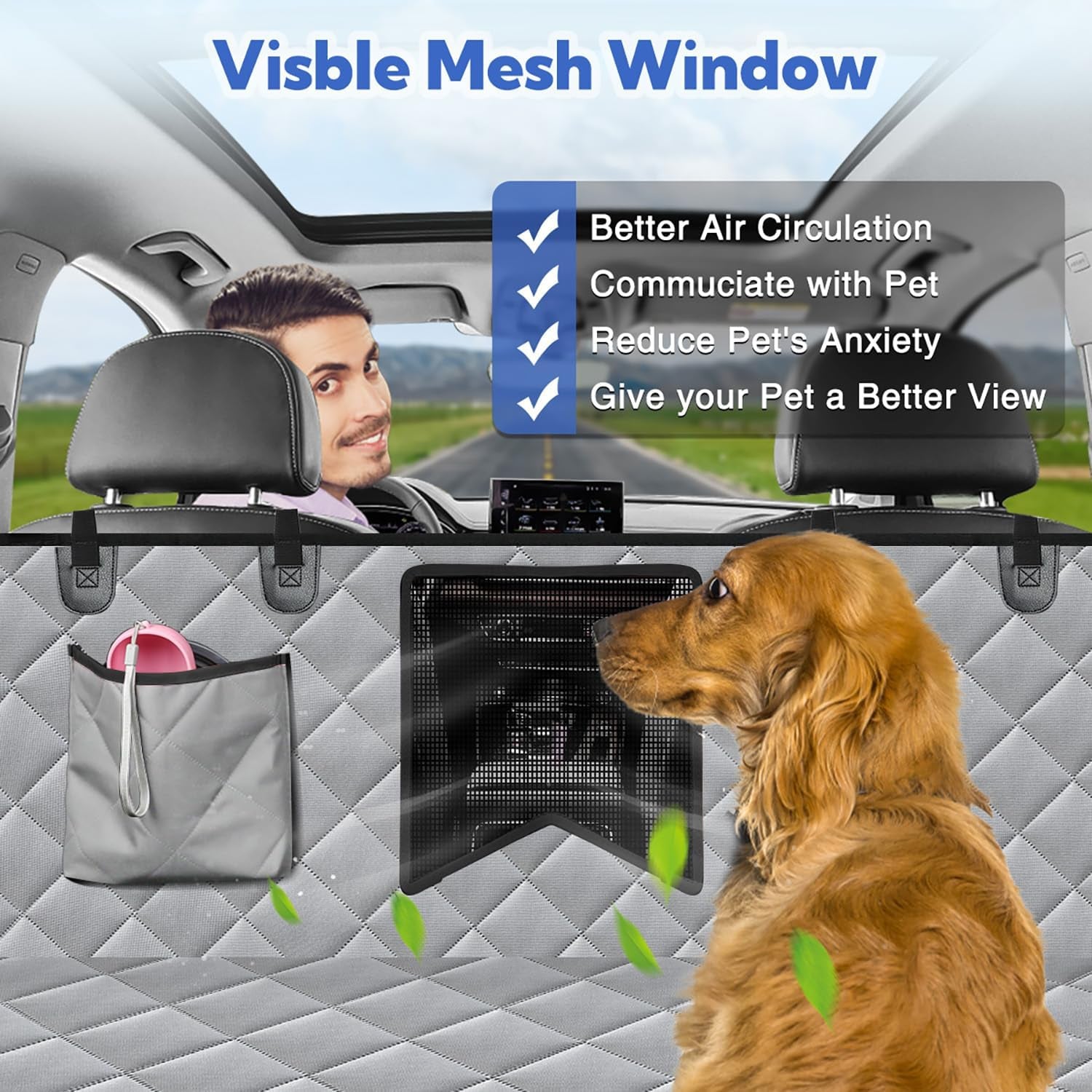 Dog Car Seat Cover Back Seat XL, Waterproof Hammock for Car & SUV | Side Flaps with Zippers, Mesh Window, 600D Oxford, Anti-Scratch Nonslip Backseat Protector, Dog Seat Belt Included