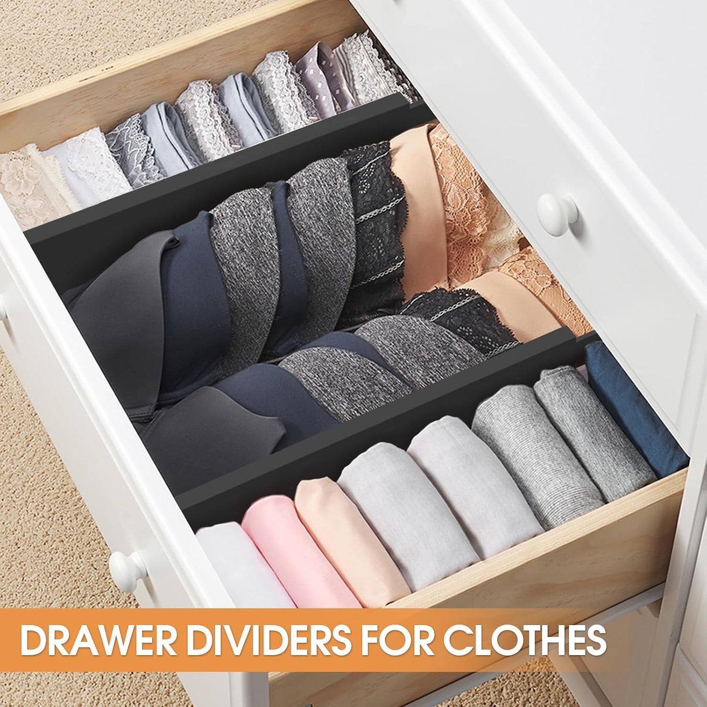 Bamboo Drawer Dividers, Adjustable Drawer Organizers, Fits 12.6–16" Drawers | 2.5" High, 4 Pack Expandable Drawer Separators for Kitchen, Nursery, Dressers & Office Storage, Black