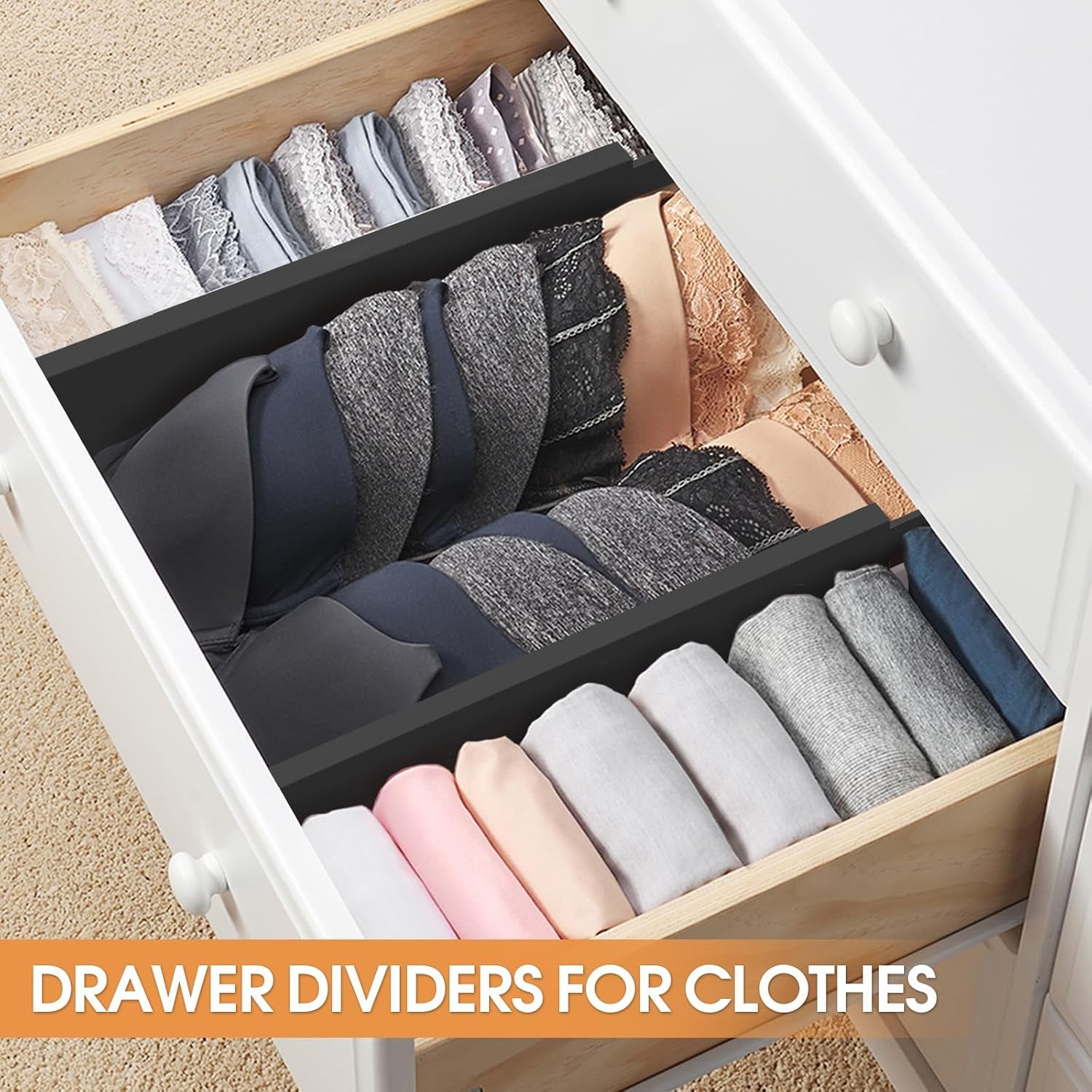 Bamboo Drawer Dividers, Adjustable Drawer Organizers, Fits 12.6–16" Drawers | 2.5" High, 4 Pack Expandable Drawer Separators for Kitchen, Nursery, Dressers & Office Storage, Black