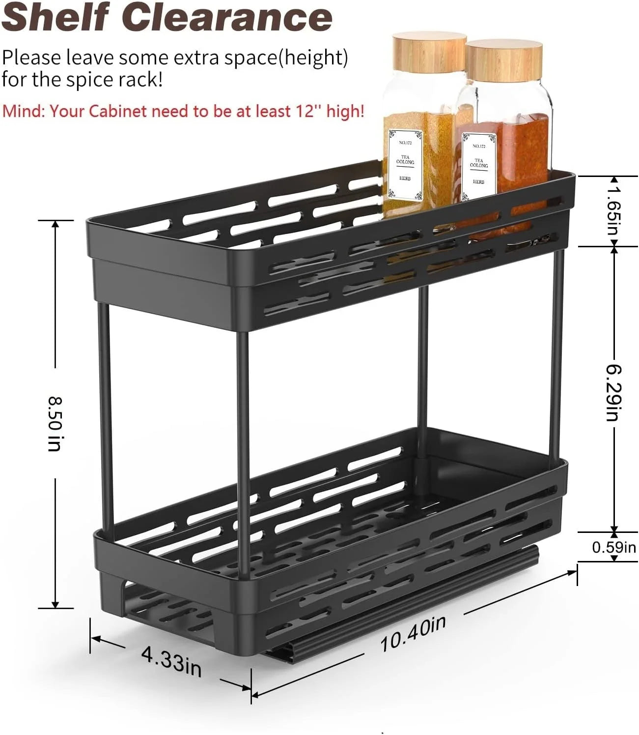 2 Pack Pull Out Spice Rack Organizer for Cabinet,  Multi-Purpose Kitchen Storage Cabinet Organizer, Fits 12"H X 11"D X 5"W, Black