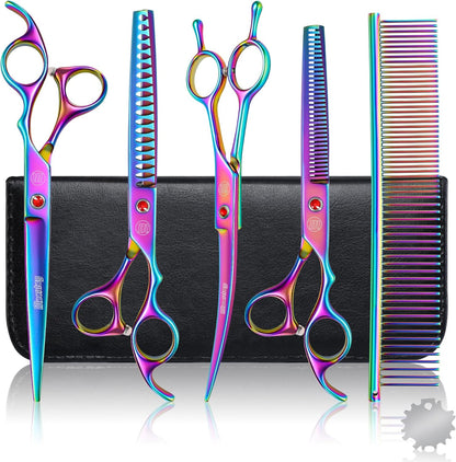 Professional Dog Grooming Scissors Set, 7 Inch/8 Inch Pet Grooming Scissors Chunkers Shears for Dog, Curved Dog Grooming Scissors, Thinning Shears for Dog with Grooming Comb | Pet Grooming Chunkers Shears for Dog, Curved Dog Grooming Scissors, Thinning Shears for Dog with Grooming Comb, Multi-Color