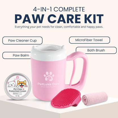 Dog Paw Cleaner, Paw Washer Cup with Soft Silicone Bristles, Portable Dog Foot Washer, 4-In-1 Paw Cleaner Kit with Paw Balm, Microfiber Towel & Grooming Brush (Pink Small)