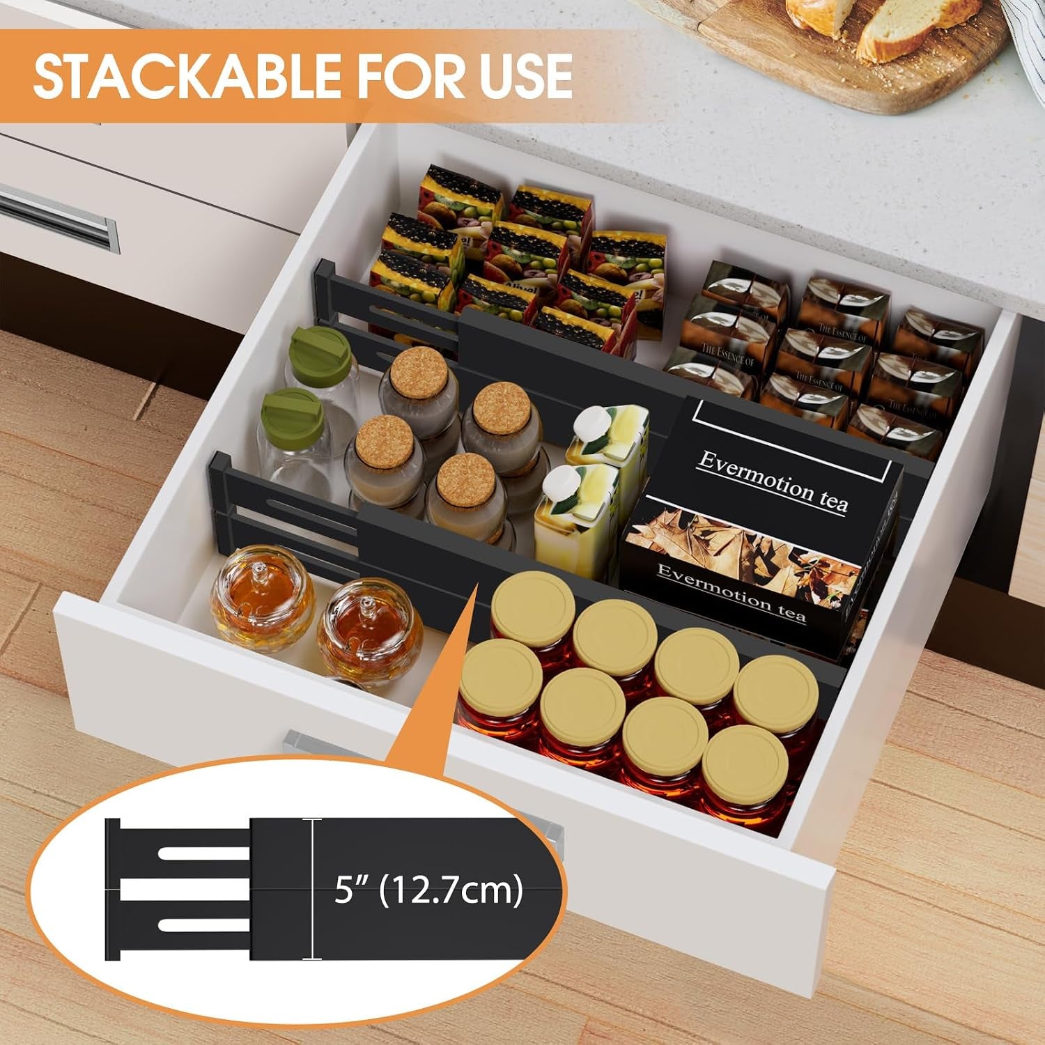 Bamboo Drawer Dividers, Adjustable Drawer Organizers, Fits 12.6–16" Drawers | 2.5" High, 4 Pack Expandable Drawer Separators for Kitchen, Nursery, Dressers & Office Storage, Black