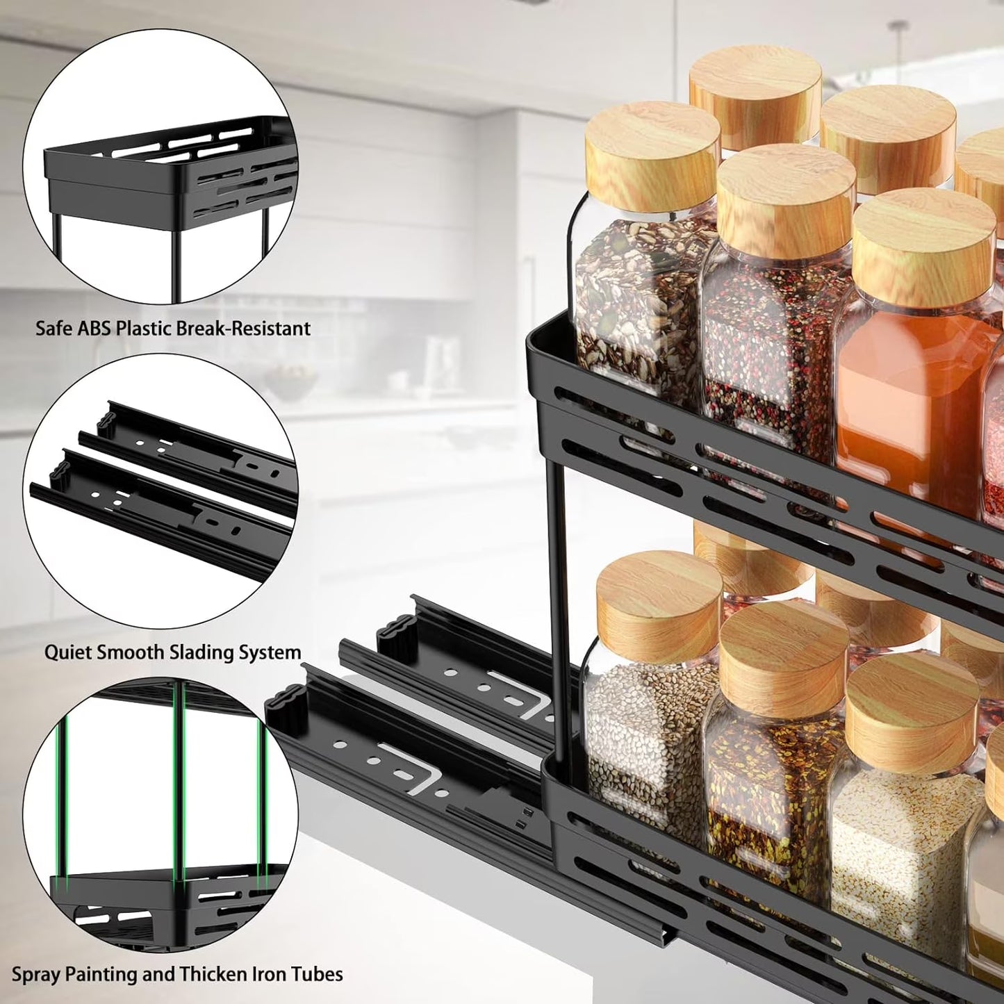 2 Pack Pull Out Spice Rack Organizer for Cabinet,  Multi-Purpose Kitchen Storage Cabinet Organizer, Fits 12"H X 11"D X 5"W, Black