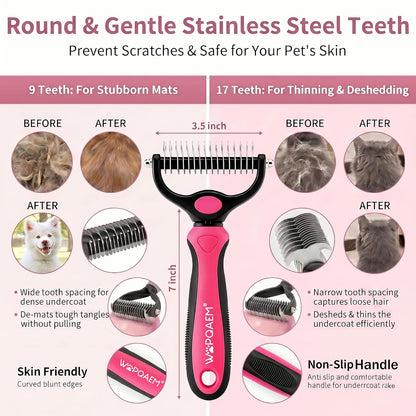5-In-1 Dog Grooming Kit with Self Cleaning Brush & Rake, Pink | Professional Long & Short Haired Dog Hair Remover Set with One-Click Self-Cleaning Shedding Brush & Undercoat Rake for Cats