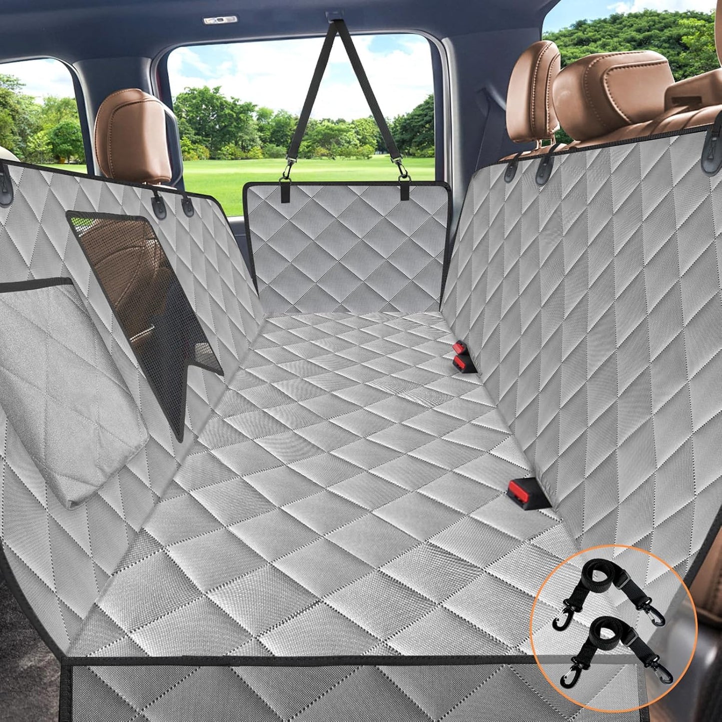 Dog Car Seat Cover Back Seat XL, Waterproof Hammock for Car & SUV | Side Flaps with Zippers, Mesh Window, 600D Oxford, Anti-Scratch Nonslip Backseat Protector, Dog Seat Belt Included