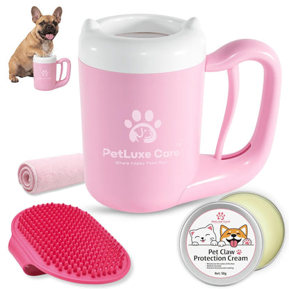 Dog Paw Cleaner, Paw Washer Cup with Soft Silicone Bristles, Portable Dog Foot Washer, 4-In-1 Paw Cleaner Kit with Paw Balm, Microfiber Towel & Grooming Brush (Pink Small)