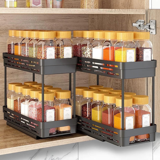 2 Pack Pull Out Spice Rack Organizer for Cabinet,  Multi-Purpose Kitchen Storage Cabinet Organizer, Fits 12"H X 11"D X 5"W, Black