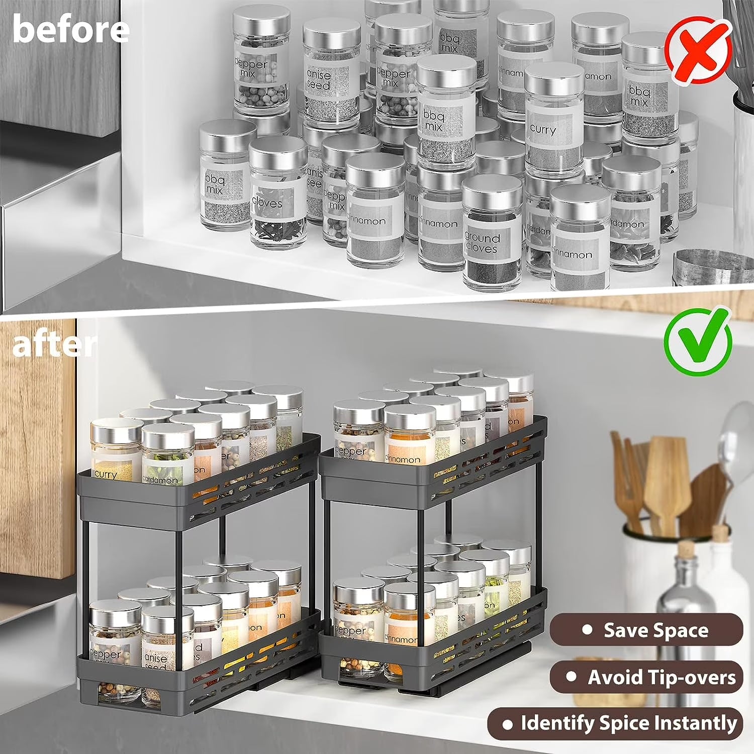 2 Pack Pull Out Spice Rack Organizer for Cabinet,  Multi-Purpose Kitchen Storage Cabinet Organizer, Fits 12"H X 11"D X 5"W, Black