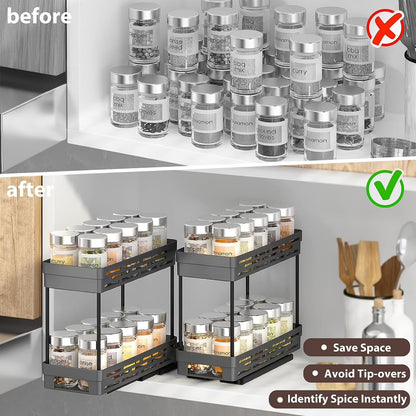 2 Pack Pull Out Spice Rack Organizer for Cabinet,  Multi-Purpose Kitchen Storage Cabinet Organizer, Fits 12"H X 11"D X 5"W, Black