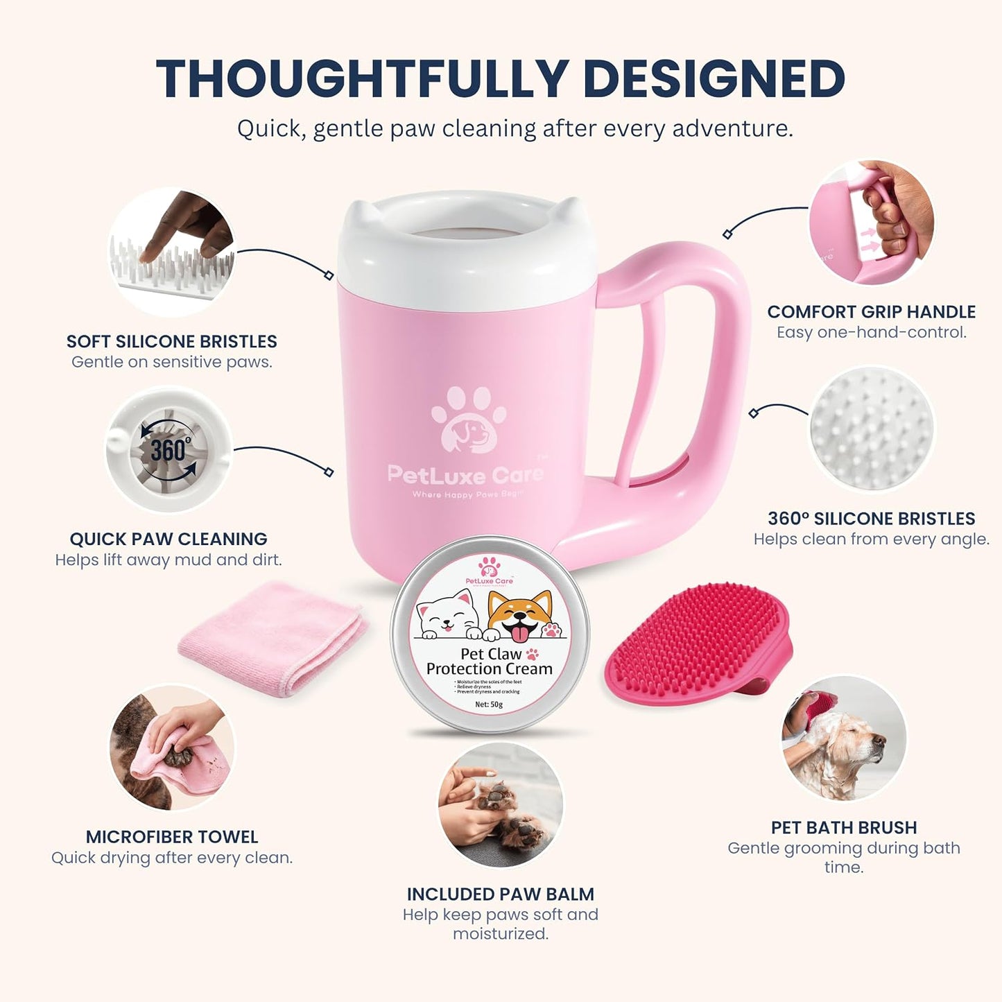 Dog Paw Cleaner, Paw Washer Cup with Soft Silicone Bristles, Portable Dog Foot Washer, 4-In-1 Paw Cleaner Kit with Paw Balm, Microfiber Towel & Grooming Brush (Pink Small)