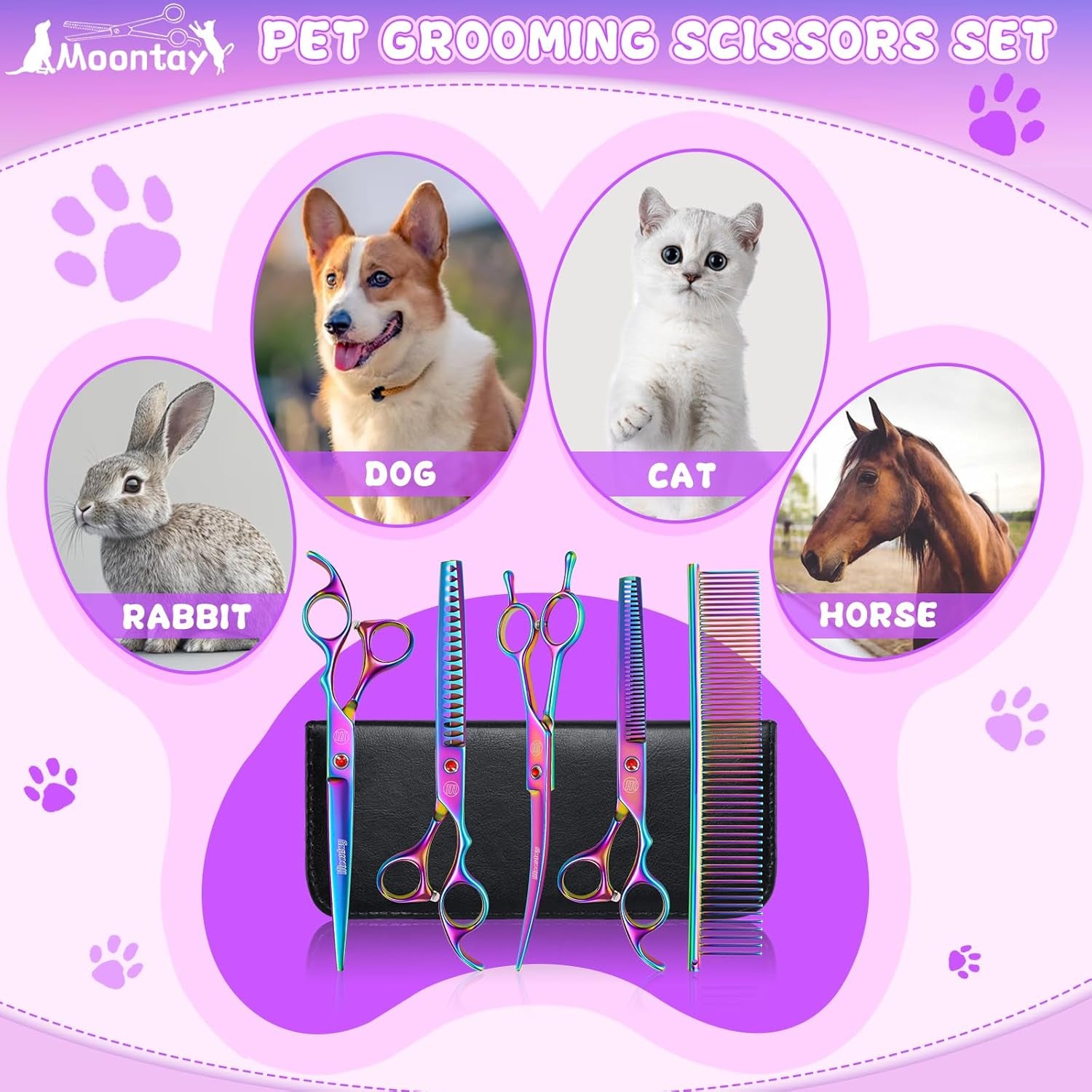 Professional Dog Grooming Scissors Set, 7 Inch/8 Inch Pet Grooming Scissors Chunkers Shears for Dog, Curved Dog Grooming Scissors, Thinning Shears for Dog with Grooming Comb | Pet Grooming Chunkers Shears for Dog, Curved Dog Grooming Scissors, Thinning Shears for Dog with Grooming Comb, Multi-Color