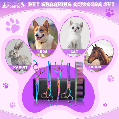 Professional Dog Grooming Scissors Set, 7 Inch/8 Inch Pet Grooming Scissors Chunkers Shears for Dog, Curved Dog Grooming Scissors, Thinning Shears for Dog with Grooming Comb | Pet Grooming Chunkers Shears for Dog, Curved Dog Grooming Scissors, Thinning Shears for Dog with Grooming Comb, Multi-Color