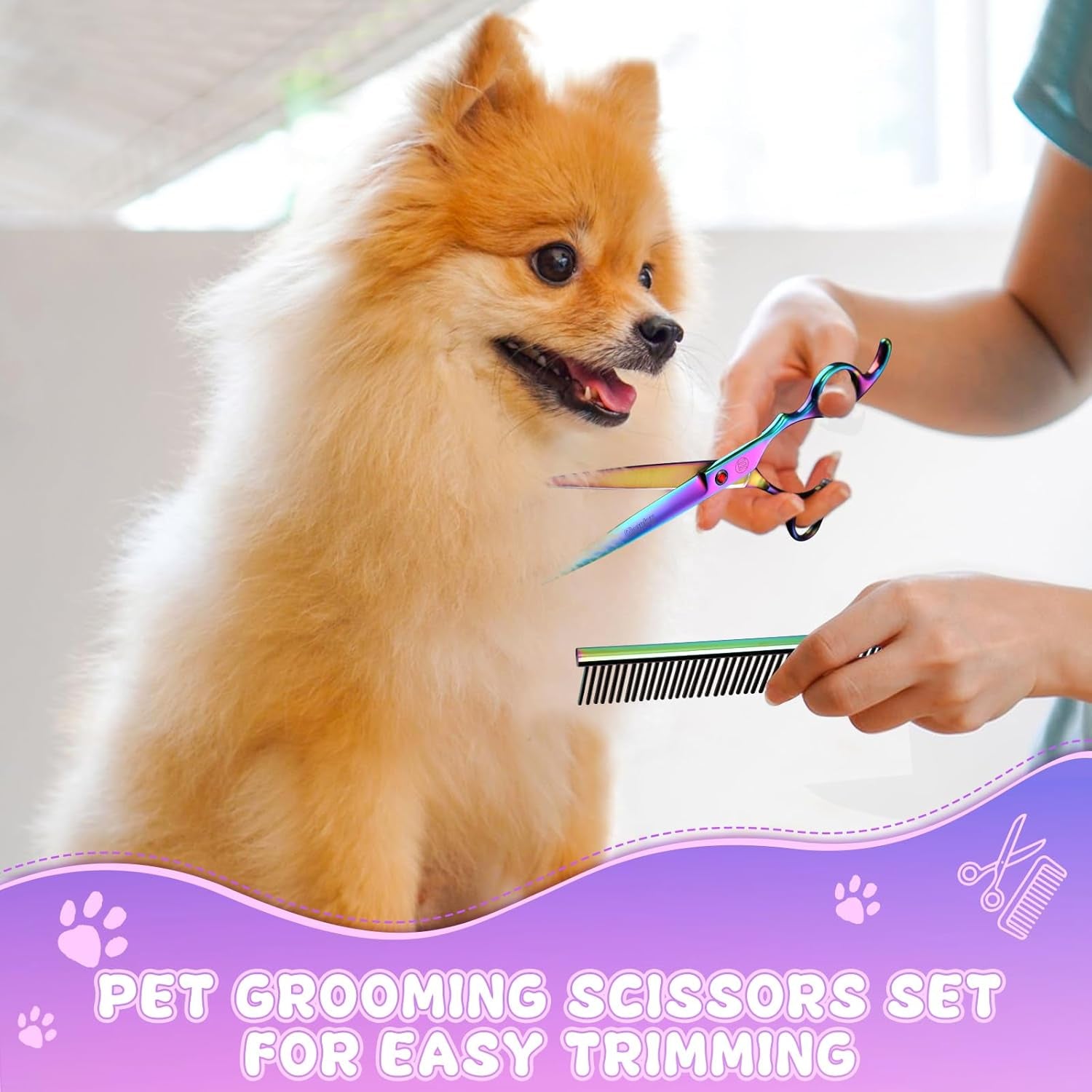 Professional Dog Grooming Scissors Set, 7 Inch/8 Inch Pet Grooming Scissors Chunkers Shears for Dog, Curved Dog Grooming Scissors, Thinning Shears for Dog with Grooming Comb | Pet Grooming Chunkers Shears for Dog, Curved Dog Grooming Scissors, Thinning Shears for Dog with Grooming Comb, Multi-Color