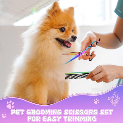 Professional Dog Grooming Scissors Set, 7 Inch/8 Inch Pet Grooming Scissors Chunkers Shears for Dog, Curved Dog Grooming Scissors, Thinning Shears for Dog with Grooming Comb | Pet Grooming Chunkers Shears for Dog, Curved Dog Grooming Scissors, Thinning Shears for Dog with Grooming Comb, Multi-Color